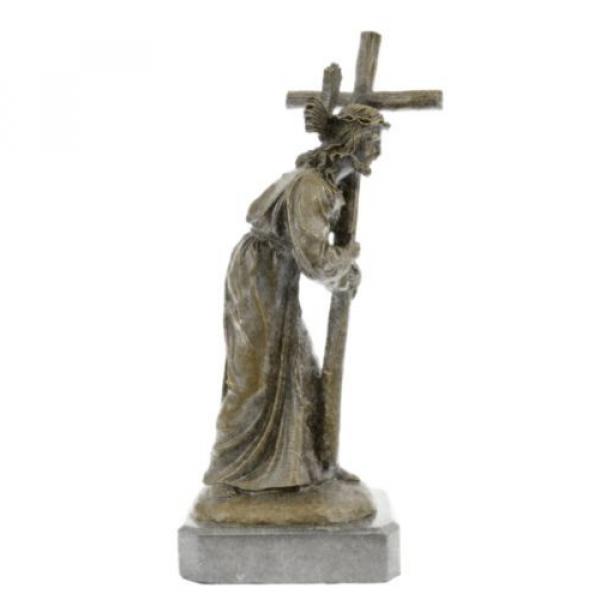 Jesus   Christ Passion Carrying Bearing Cross Signed Real Bronze Sculpture Statue #1 image