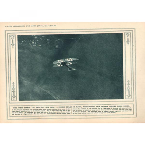 1915   WWI PRINT ~ GERMAN BIPLANE IN FLIGHT ~ BEARING INEVITABLE IRON CROSS #1 image